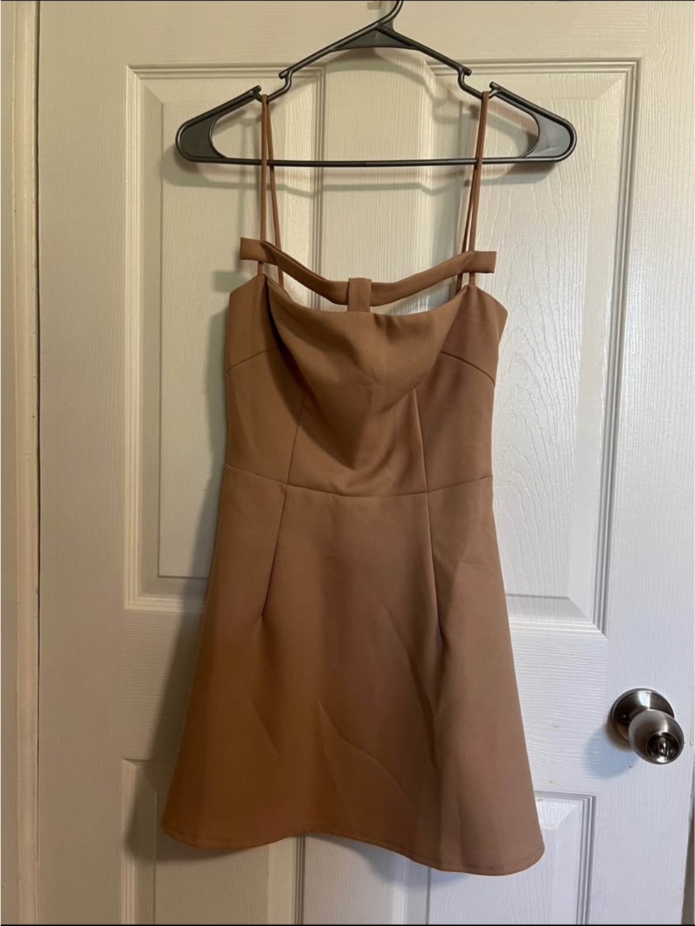 Sleeveless Tan A-Line Dress with Strappy Neckline